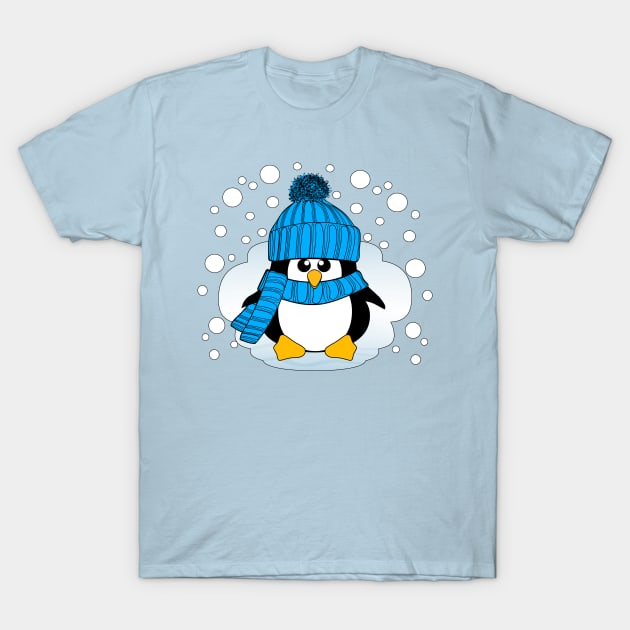 Christmas Boy Penguin with Light Blue Hat and Scarf T-Shirt by Krimbles